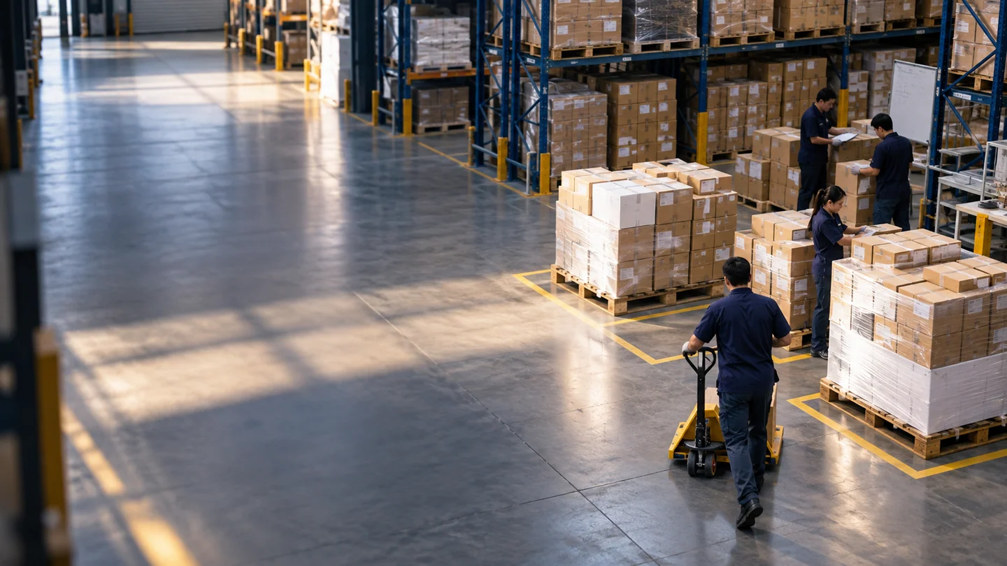 Illustrative scene: Cartons from several orders sorted and stacked onto warehouse pallets