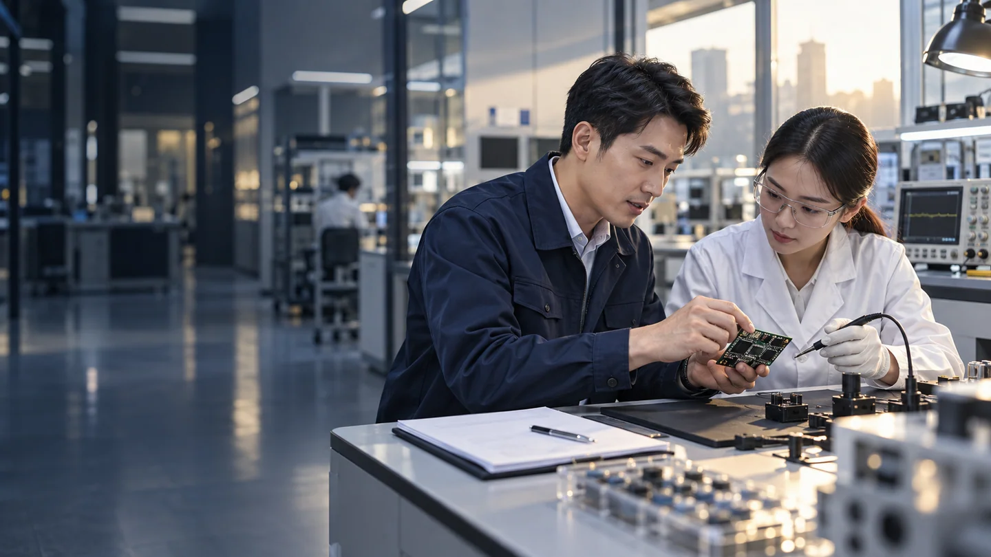 Illustrative scene: An electronics workbench with a circuit board and test probe