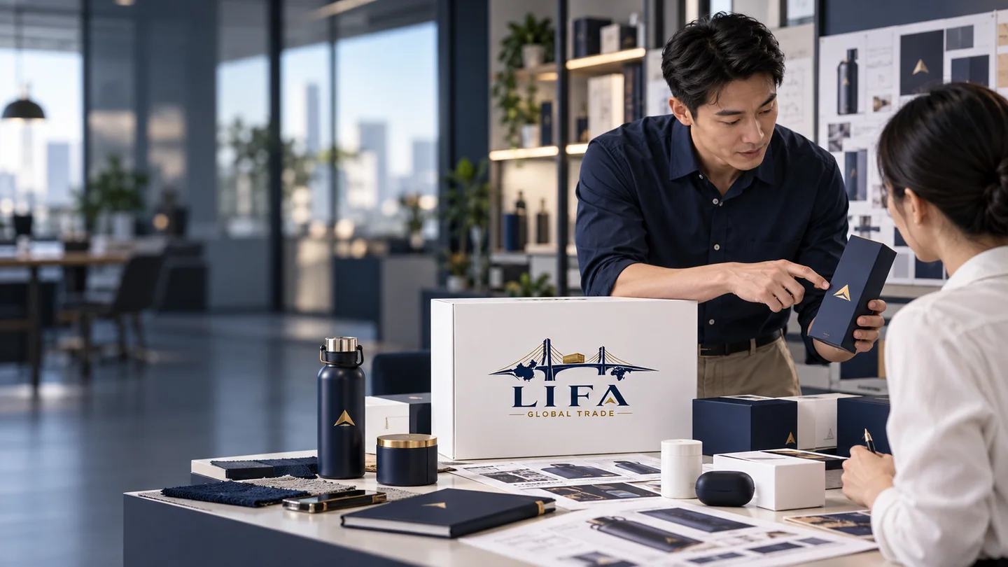 Illustrative scene: Two people reviewing a navy product box and packaging materials