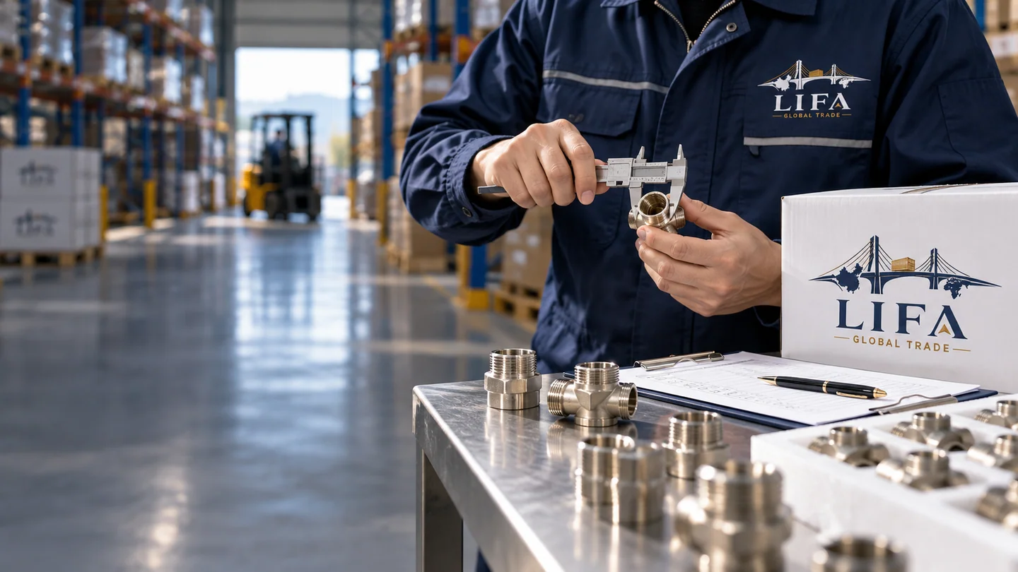 Illustrative scene: A metal fitting measured with a caliper during a product check