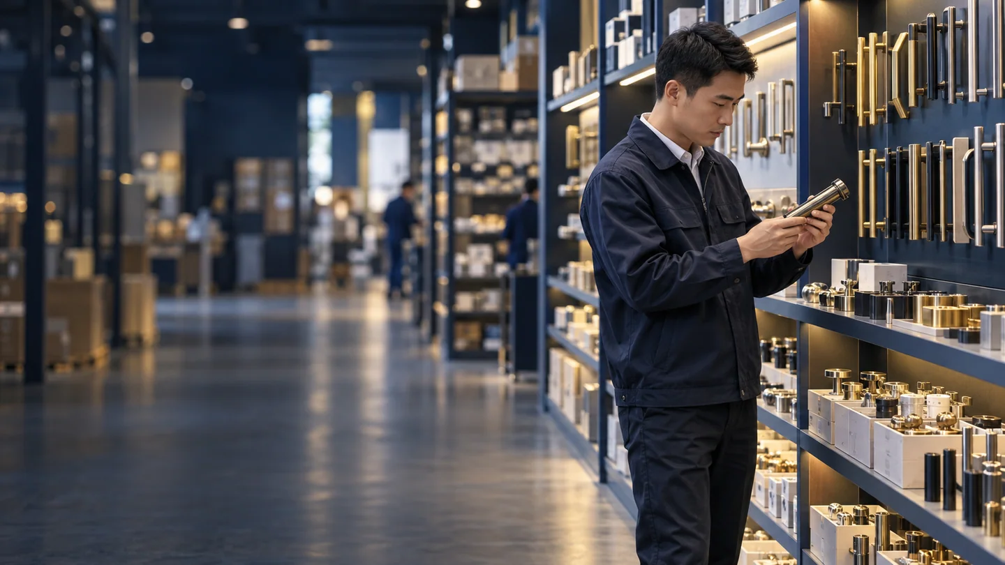 Illustrative scene: A buyer examining door handles in a product showroom