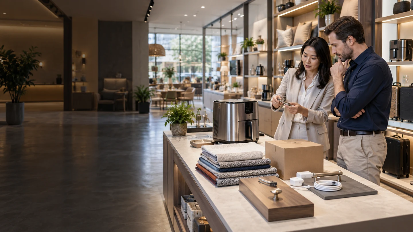 Illustrative scene: A buyer and sourcing specialist comparing kitchenware, textiles, hardware, electronics and a retail carton on one supplier showroom bench
