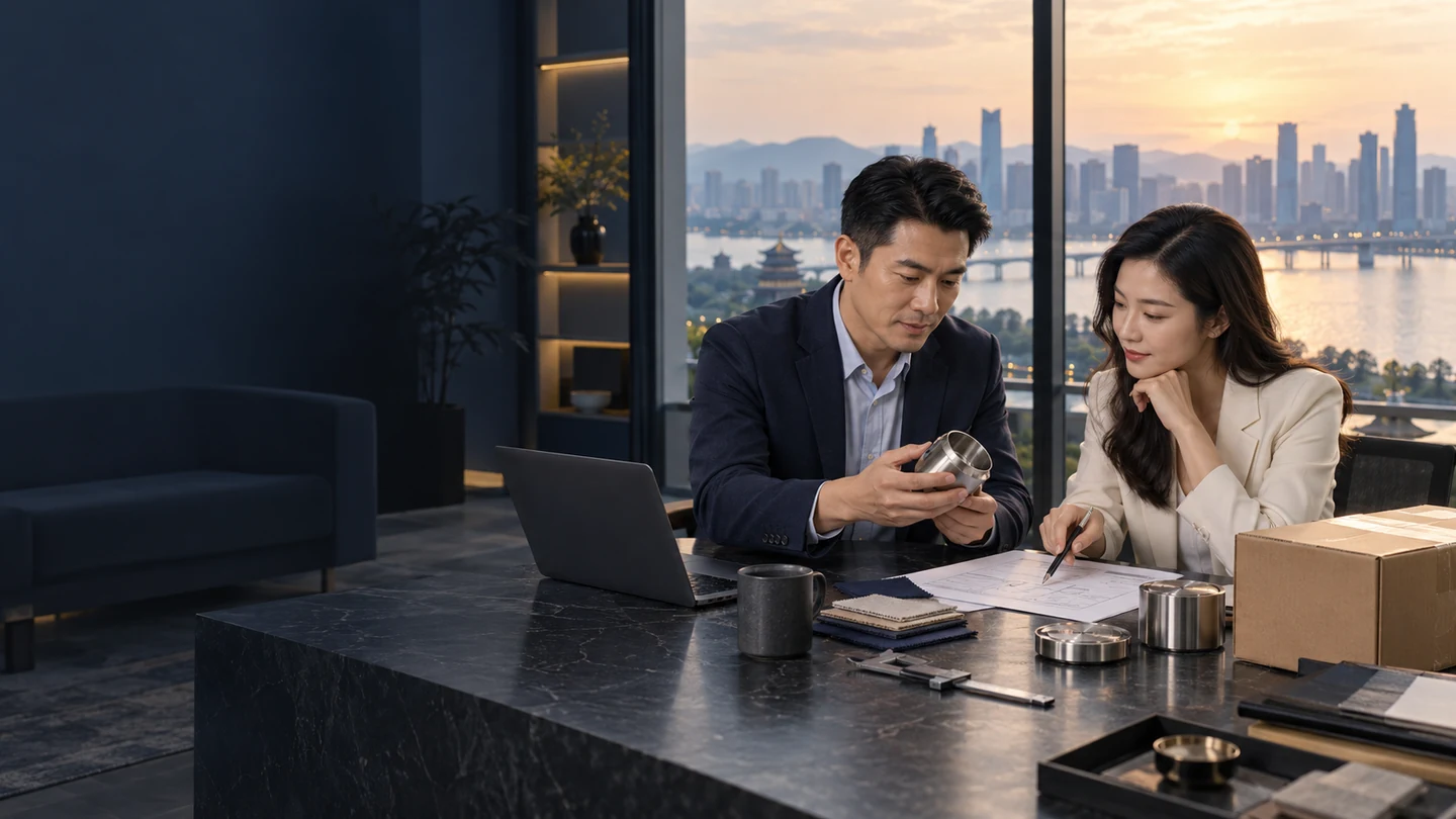 Illustrative scene: Two China-side procurement specialists reviewing a metal product sample beside a technical brief, materials and an export carton in a Hangzhou studio