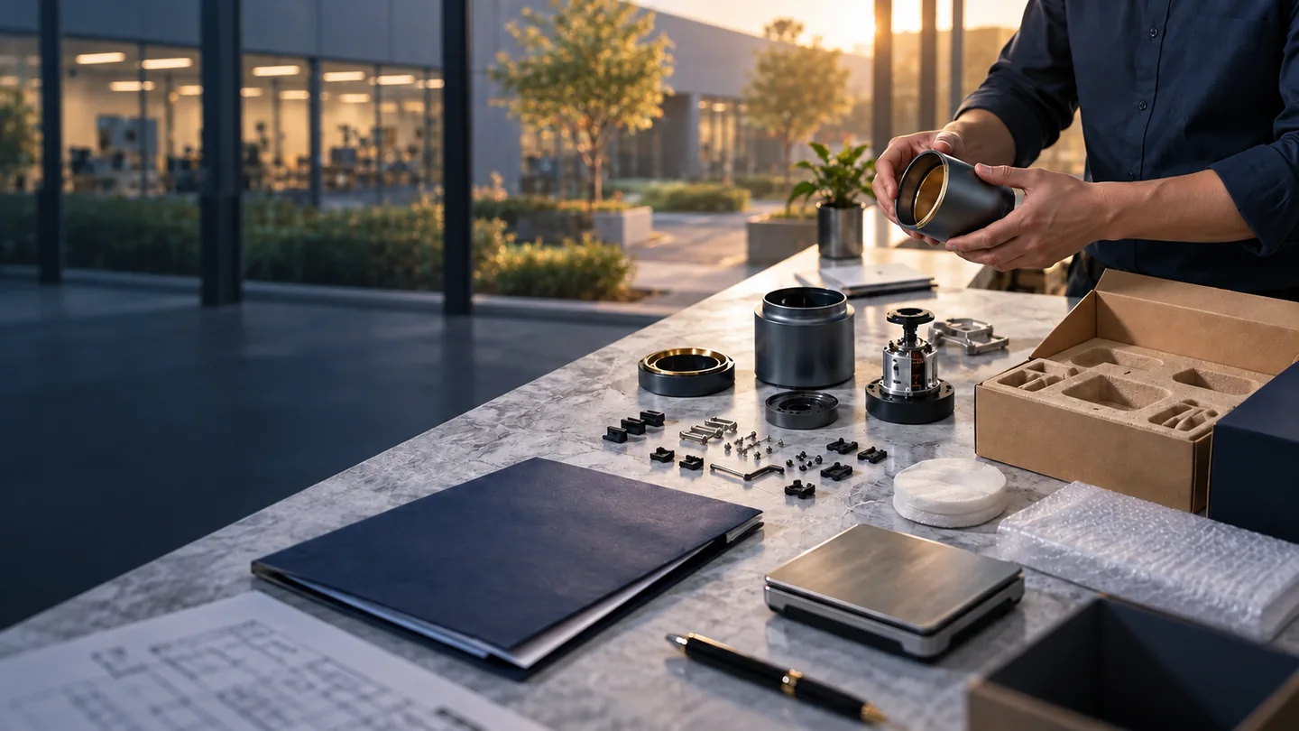 Illustrative scene: Disassembled product components and packaging laid out for a purchasing review
