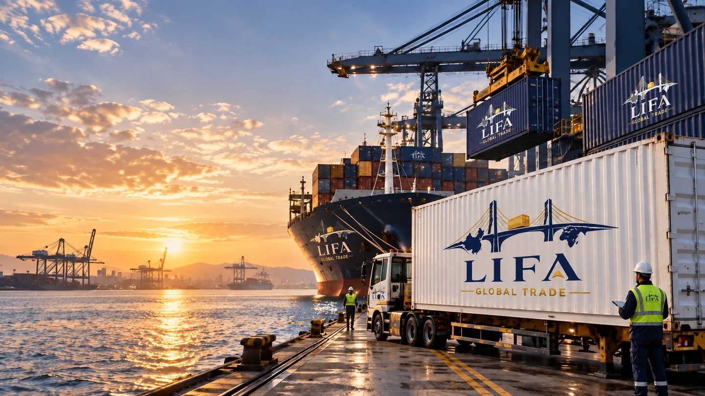 Illustrative scene: LIFA-branded shipping containers arranged for port handover